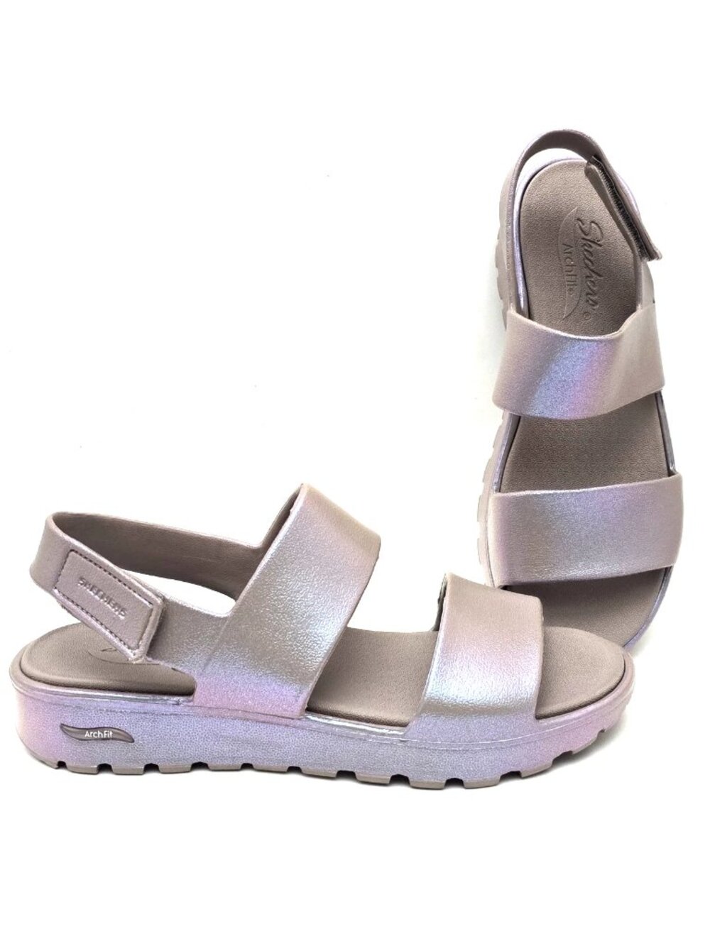 Skechers Foamies Day Dream Arch Fit Dark Taupe Iridescent Sandals Women's Sz 10